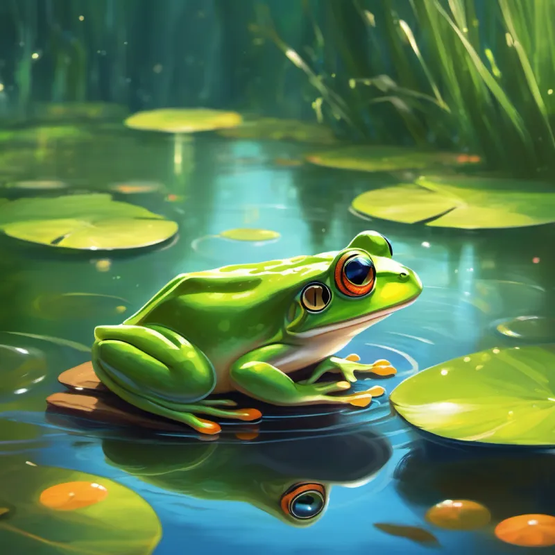 Finding the magical pond, meeting Green frog, shiny eyes, loves to dance the frog, joining in the water ballet