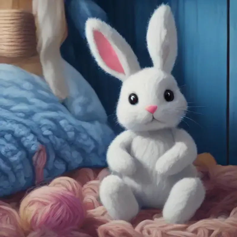 Bunny made of yarn with blue button eyes, soft texture wakes up, bedroom setting with toys and warmth.