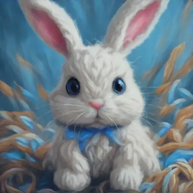 Description of Bunny made of yarn with blue button eyes, soft texture, highlighting his uniqueness.