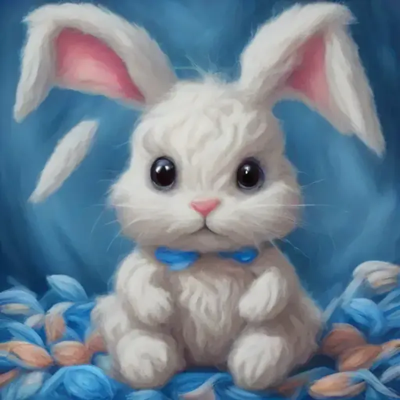 Bunny made of yarn with blue button eyes, soft texture values his uniqueness, cherishes newfound friendship.