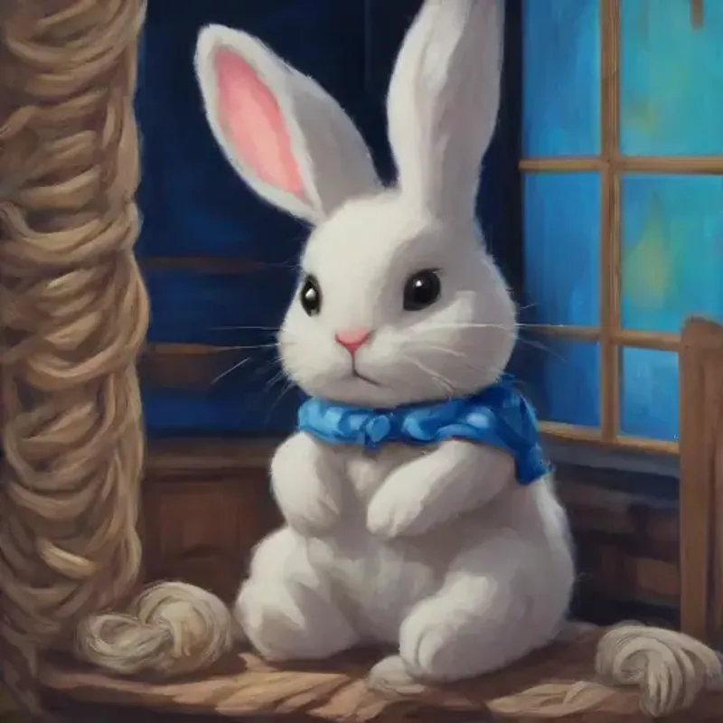 Bunny made of yarn with blue button eyes, soft texture yearns for friendship by moonlit window.