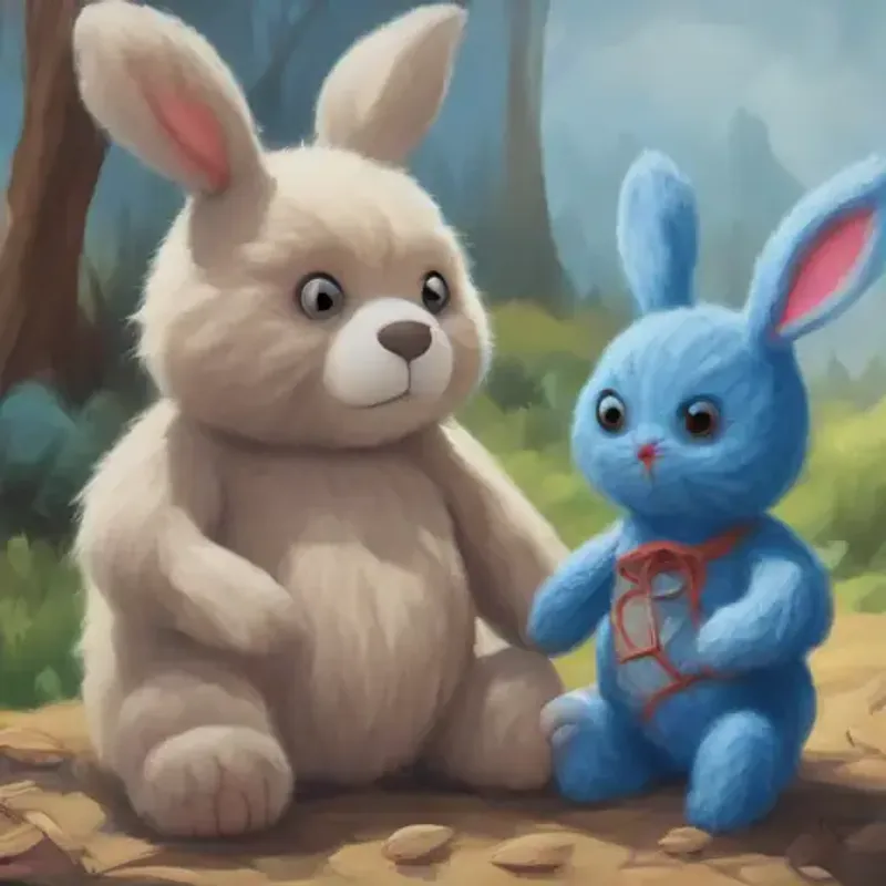 Bunny made of yarn with blue button eyes, soft texture encounters a grumpy bear and gets rejected.