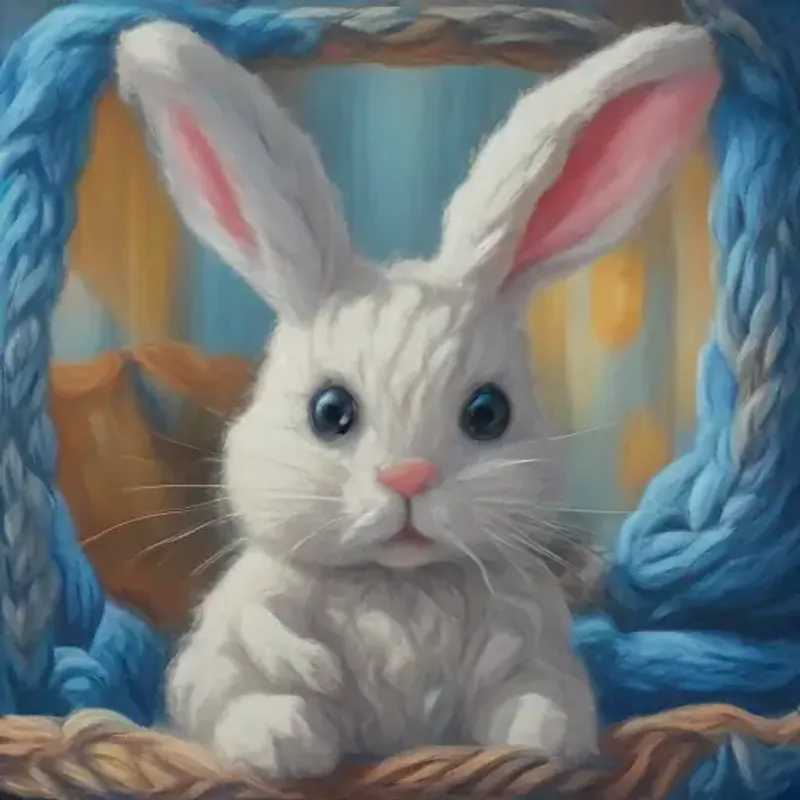 Bunny made of yarn with blue button eyes, soft texture questions his reflection, feeling different.