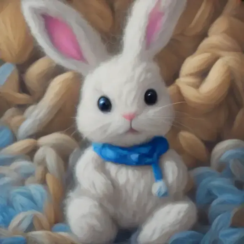 Bunny made of yarn with blue button eyes, soft texture hears someone in the playroom, feels hopeful.