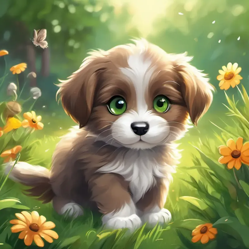 Playful puppy, brown fur, big floppy ears and Mischievous kitten, fluffy grey fur, bright green eyes playing in the garden, having a fun and playful day together.
