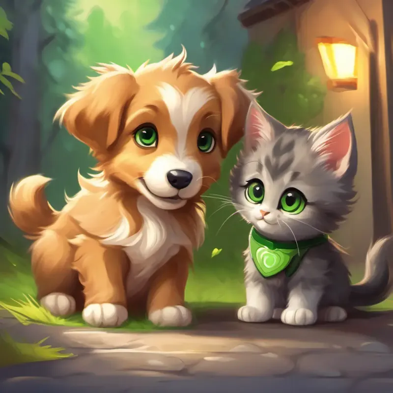 Playful puppy, brown fur, big floppy ears and Mischievous kitten, fluffy grey fur, bright green eyes facing a little challenge but overcoming it together and realizing the value of teamwork.