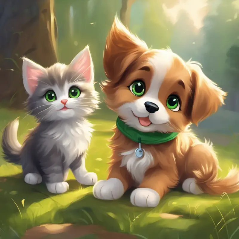 Playful puppy, brown fur, big floppy ears and Mischievous kitten, fluffy grey fur, bright green eyes becoming best friends and going on more playful adventures, finding joy and friendship in their daily activities.