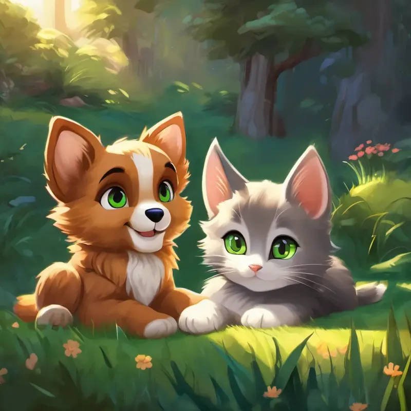 Conclusion of the story, describing Playful puppy, brown fur, big floppy ears and Mischievous kitten, fluffy grey fur, bright green eyes ending their day together and looking forward to more fun in the future.