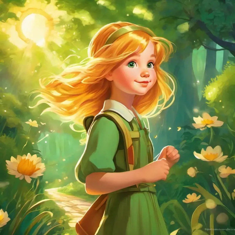 A young girl with twinkling green eyes and sun-kissed golden hair sets off on her adventure in the whimsical land of A young girl with twinkling green eyes and sun-kissed golden hairland.