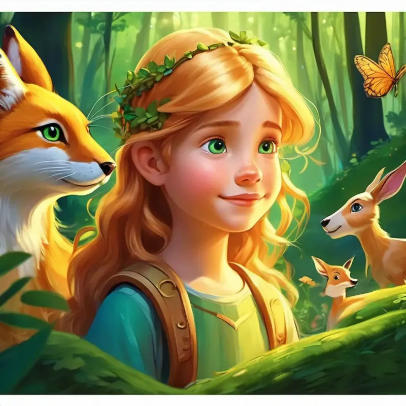 A young girl with twinkling green eyes and sun-kissed golden hair meets talking animals and friendly fairies in the Enchanted Forest.