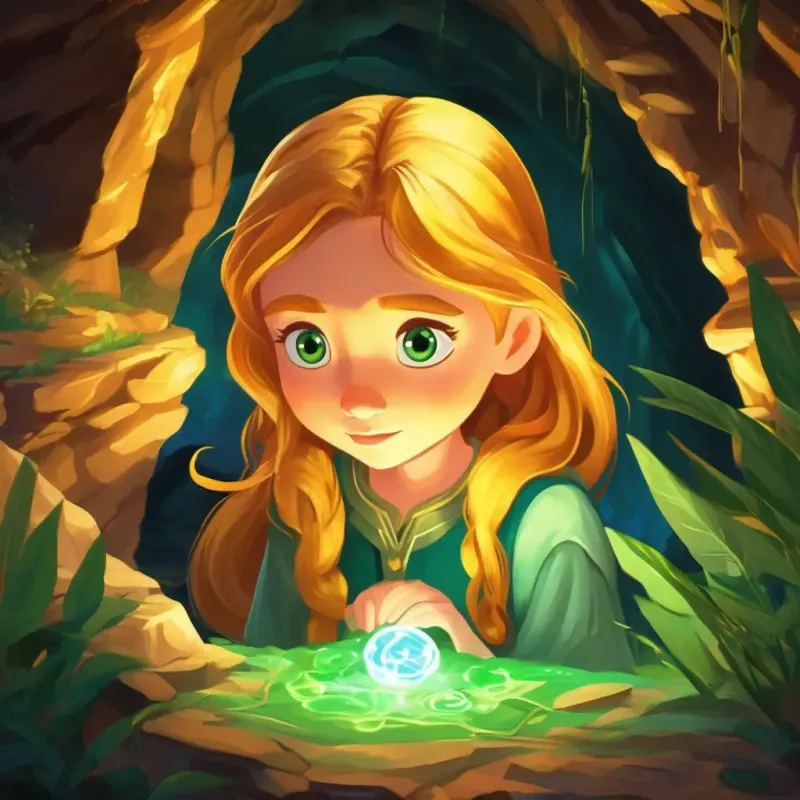 A young girl with twinkling green eyes and sun-kissed golden hair finds a magical amulet in a mysterious cave.