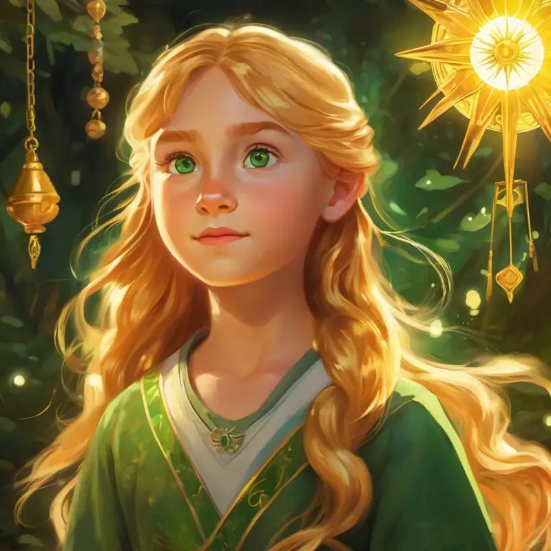 A young girl with twinkling green eyes and sun-kissed golden hair discovers the magical abilities granted by the amulet.