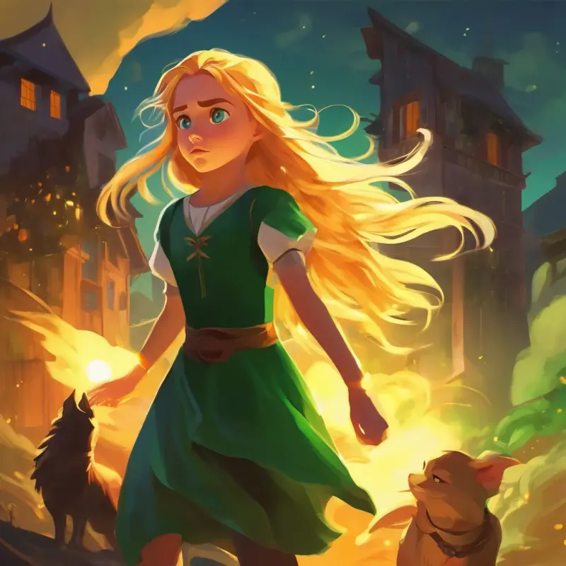 An evil shadow threatens A young girl with twinkling green eyes and sun-kissed golden hairland, and A young girl with twinkling green eyes and sun-kissed golden hair must confront it with courage.