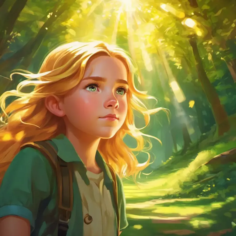 A young girl with twinkling green eyes and sun-kissed golden hair uses her magic and clever thinking to defeat the shadow.