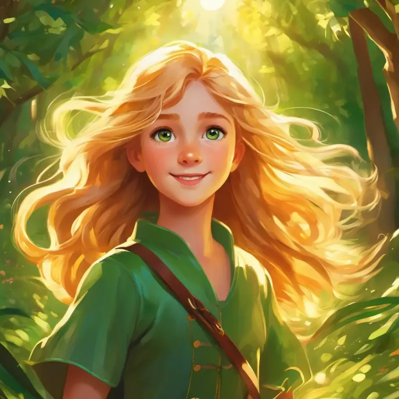 A young girl with twinkling green eyes and sun-kissed golden hair's bravery saves the land and brings joy to all its inhabitants, concluding her magical journey.