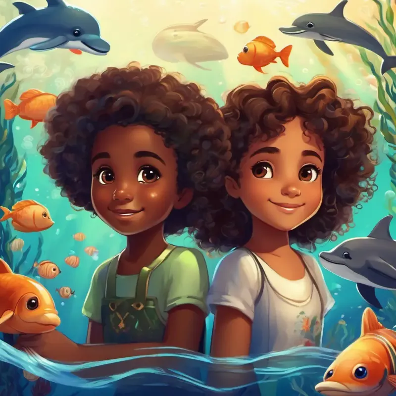 Yasmim - 9 years old, dark brown skin, curly hair below shoulders, brown eyes and Bianca - 5 years old, light brown skin, curly hair, mischievous eyes are in an underwater kingdom with mermaids and dolphins, learning about marine life