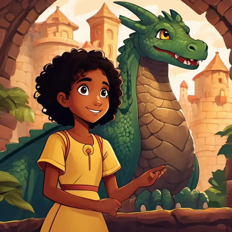 Yasmim - 9 years old, dark brown skin, curly hair below shoulders, brown eyes and Bianca - 5 years old, light brown skin, curly hair, mischievous eyes are in a dragon kingdom, solving puzzles and earning the dragons' trust
