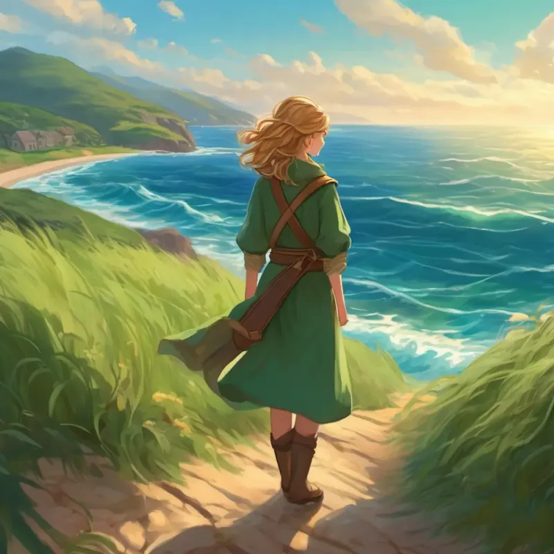 Brown hair, blue eyes, brave and smart and Blonde hair, green eyes, brave and adventurous facing the vast ocean, leaving readers curious about their fate