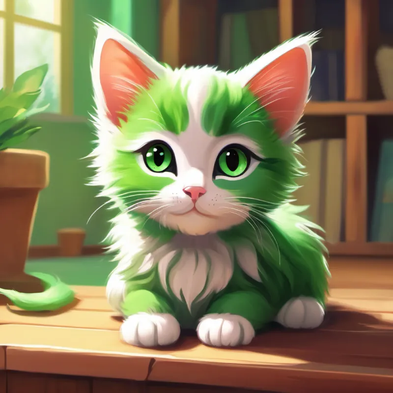 Introduction of small fluffy kitten, green eyes, a fluffy kitten in her house.