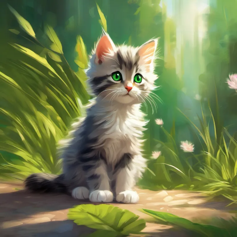 small fluffy kitten, green eyes's playful nature and the start of her adventure.