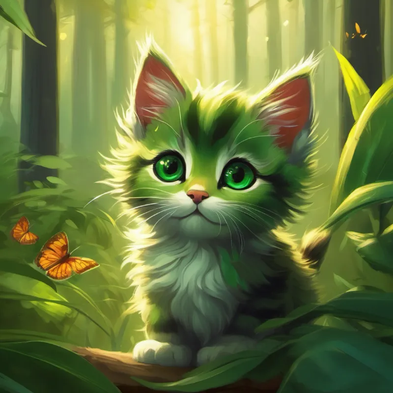 small fluffy kitten, green eyes follows the butterfly to a mysterious forest.