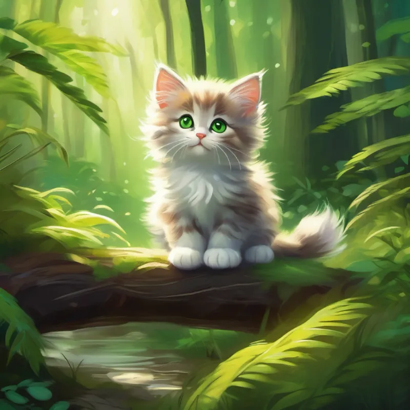 small fluffy kitten, green eyes enters the forest, enchanted by its beauty.
