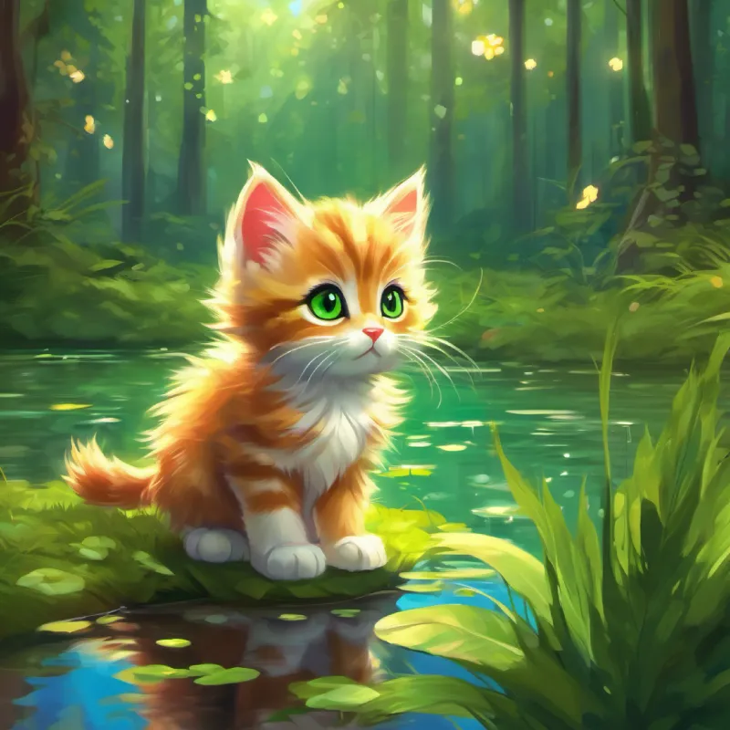small fluffy kitten, green eyes finds a glittering pond in the forest clearing.