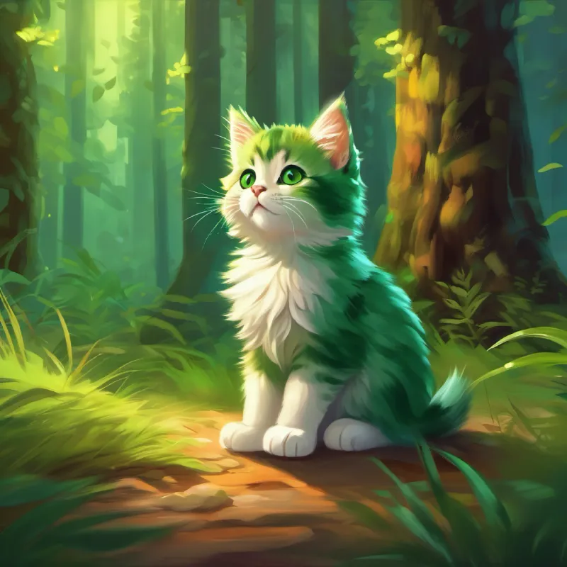 small fluffy kitten, green eyes decides to return home, promising to revisit the forest.