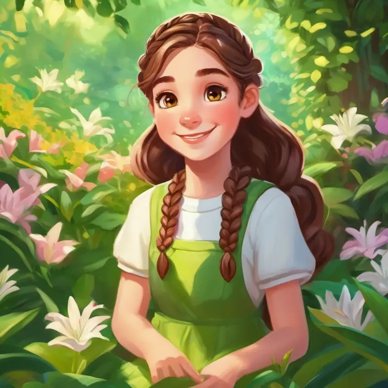 Lily: a determined girl with braided brown hair, bright green eyes, and a perpetual smile's dedication to the garden, expressing her gratitude through the act of sharing.