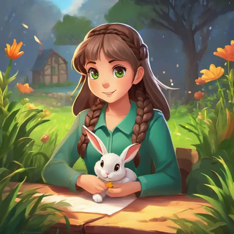 Conflict arises as Lily: a determined girl with braided brown hair, bright green eyes, and a perpetual smile faces the challenge of the mischievous Rabbit: a mischievous gray rabbit with twitching nose and twinkling brown eyes damaging her hard work.