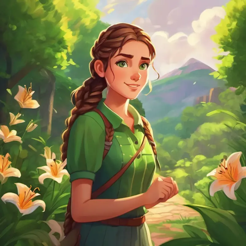 Lily: a determined girl with braided brown hair, bright green eyes, and a perpetual smile shows determination by finding a proactive solution to the problem.