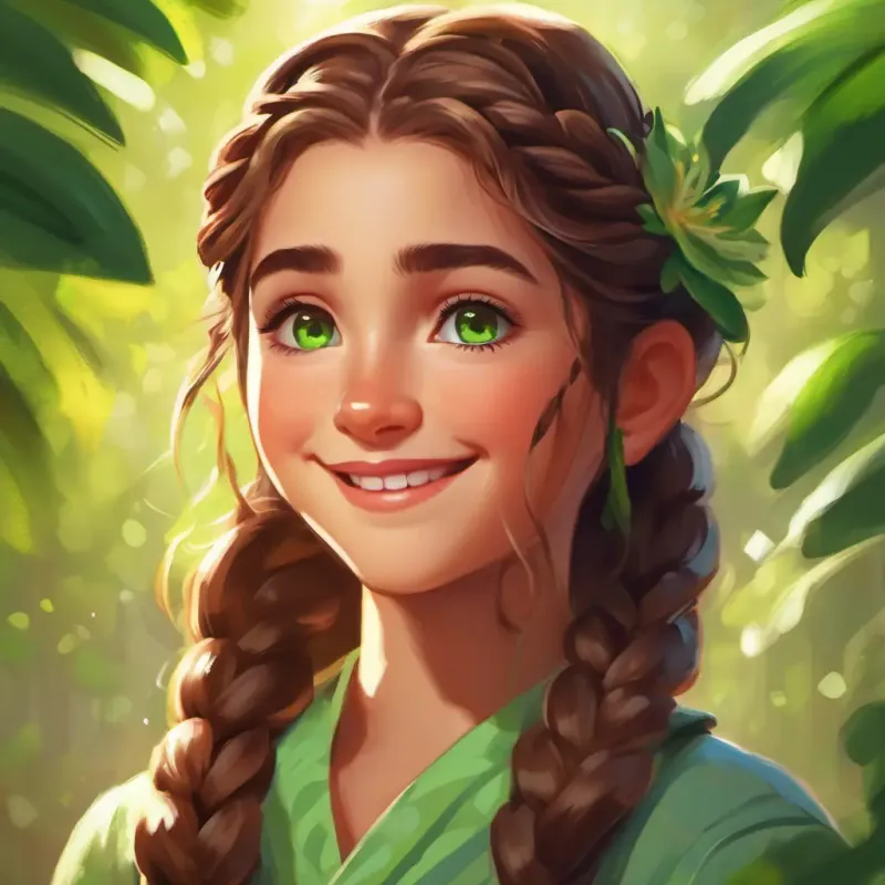 Lily: a determined girl with braided brown hair, bright green eyes, and a perpetual smile expresses her gratitude through kind gestures towards the community.