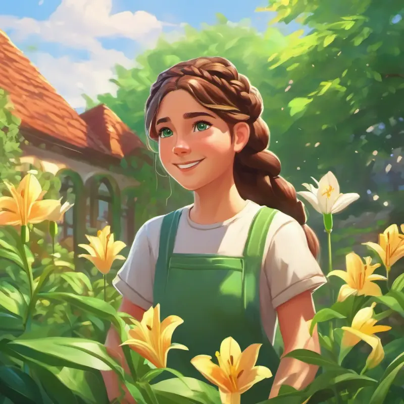 Lily: a determined girl with braided brown hair, bright green eyes, and a perpetual smile's determination is shown as she begins rebuilding the garden with renewed spirit.