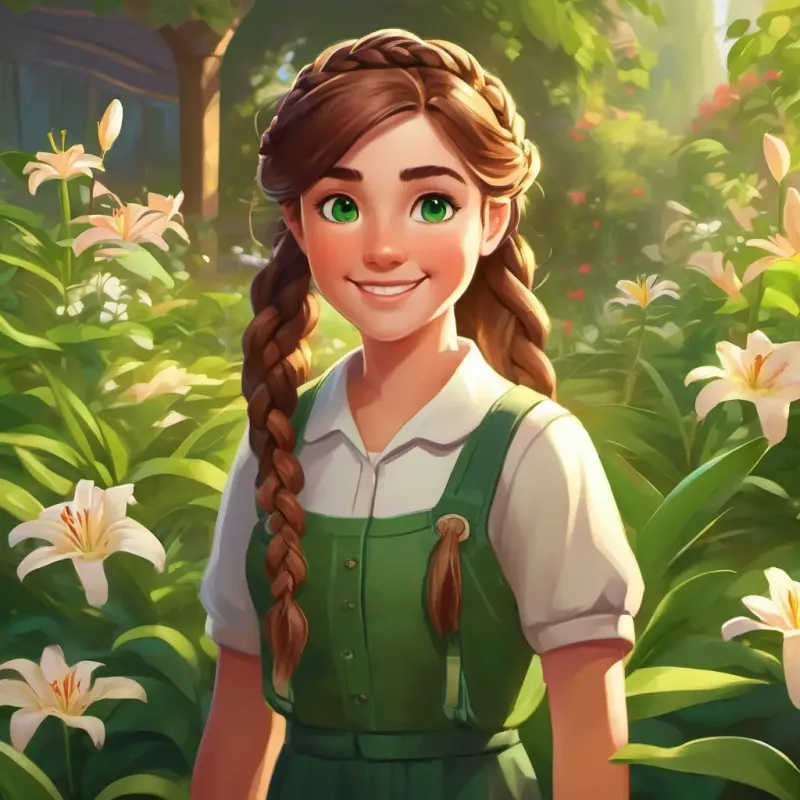 Lily: a determined girl with braided brown hair, bright green eyes, and a perpetual smile's perseverance pays off as the garden flourishes, reinforcing the theme of gratitude and determination.