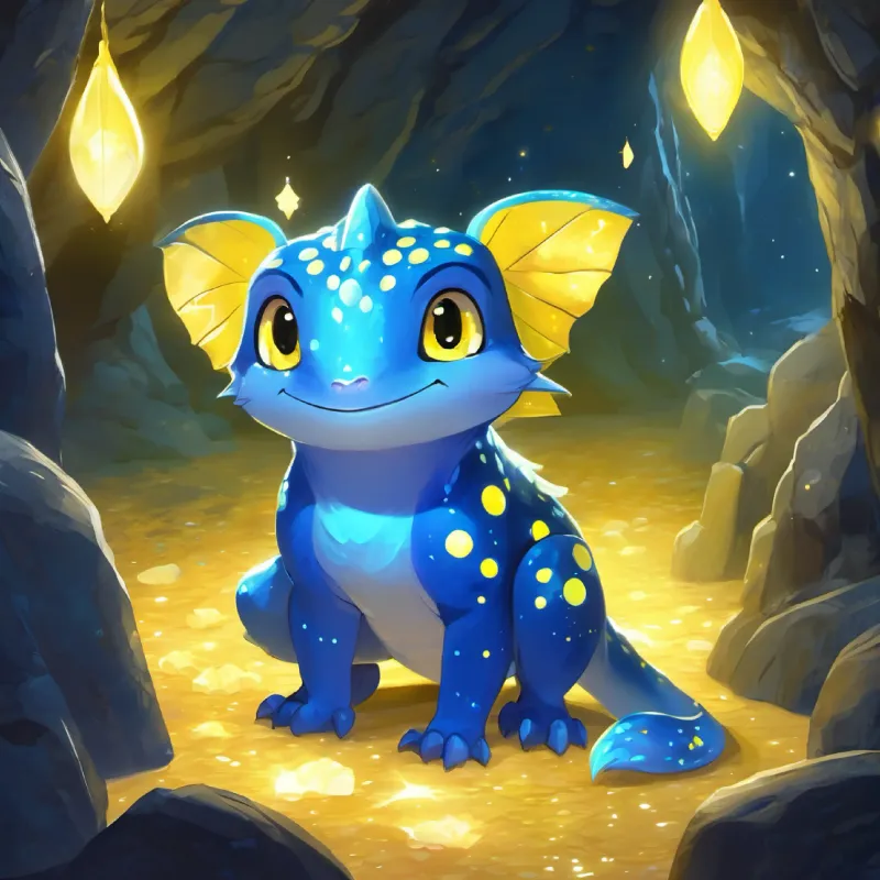Shiny blue scales, yellow spots, twinkly star-like eyes's birth in a cave, introduction to Shiny blue scales, yellow spots, twinkly star-like eyes.
