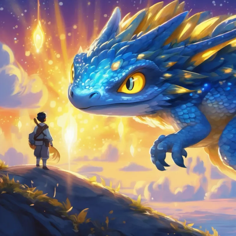 Shiny blue scales, yellow spots, twinkly star-like eyes's challenge, wants to breathe fire like others.