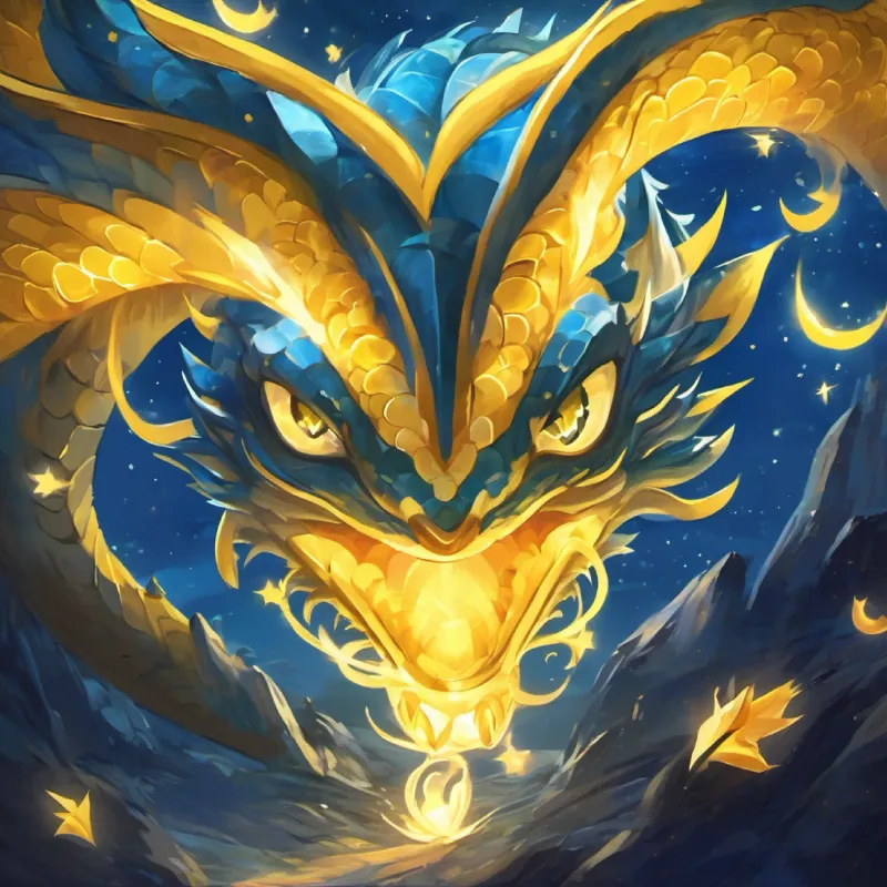Shiny blue scales, yellow spots, twinkly star-like eyes begins his quest for fire-breathing.