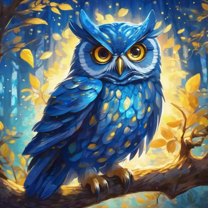 Shiny blue scales, yellow spots, twinkly star-like eyes receives a clue from Wise old owl with big round eyes and soft feathers the Owl.