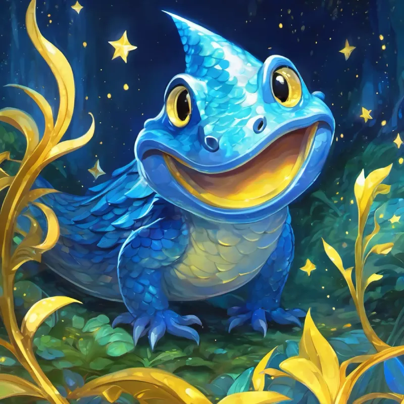 Shiny blue scales, yellow spots, twinkly star-like eyes finds the secret and succeeds.