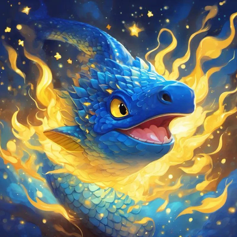 Shiny blue scales, yellow spots, twinkly star-like eyes's successful end, becoming a skilled fire-breather.