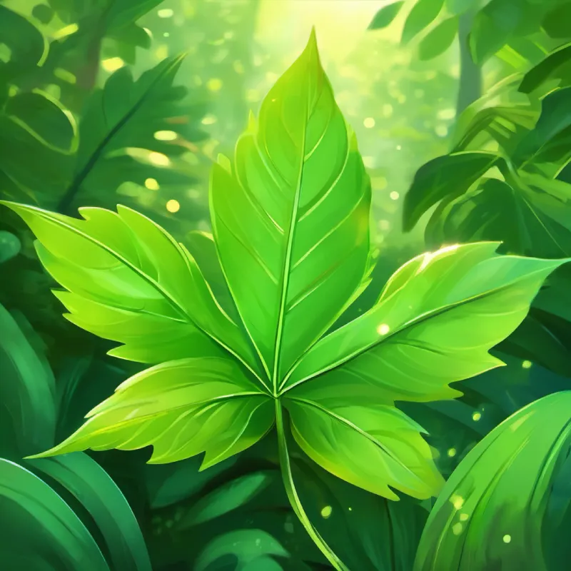 Introduction to A green, playful leaf with sparkling eyes, adventuresome and curious, a adventurous leaf in a green forest.