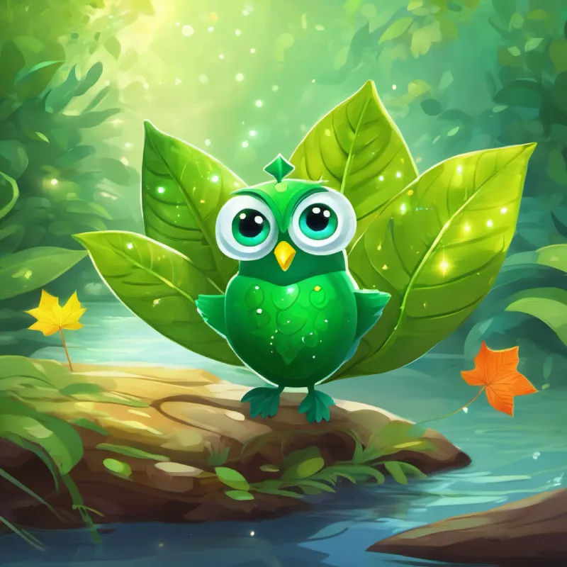A green, playful leaf with sparkling eyes, adventuresome and curious makes friends with other leaves, Colorful and chirpy, flying companions of A green, playful leaf with sparkling eyes, adventuresome and curious, and floats on a river.