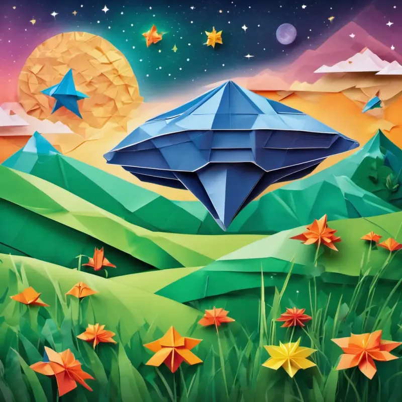 A spaceship landing in a meadow, with aliens stepping out onto the green grass and looking at the bright stars in the sky.