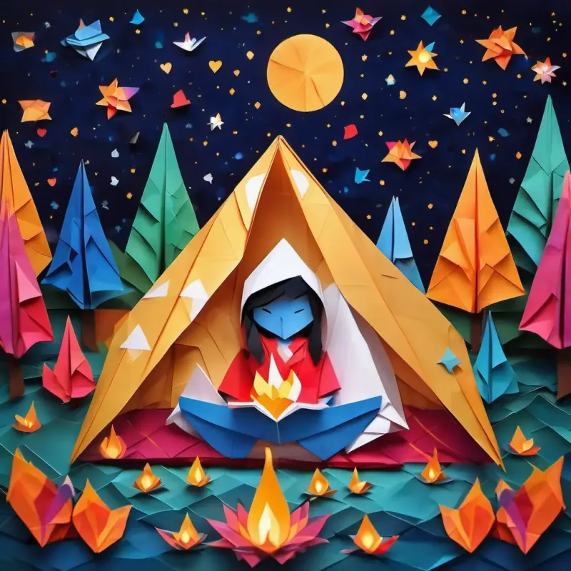 Colorful skin, big eyes, with hearts full of empathy sitting around a campfire with humans, sharing stories and love as the fire crackles and flickers under the starry sky.