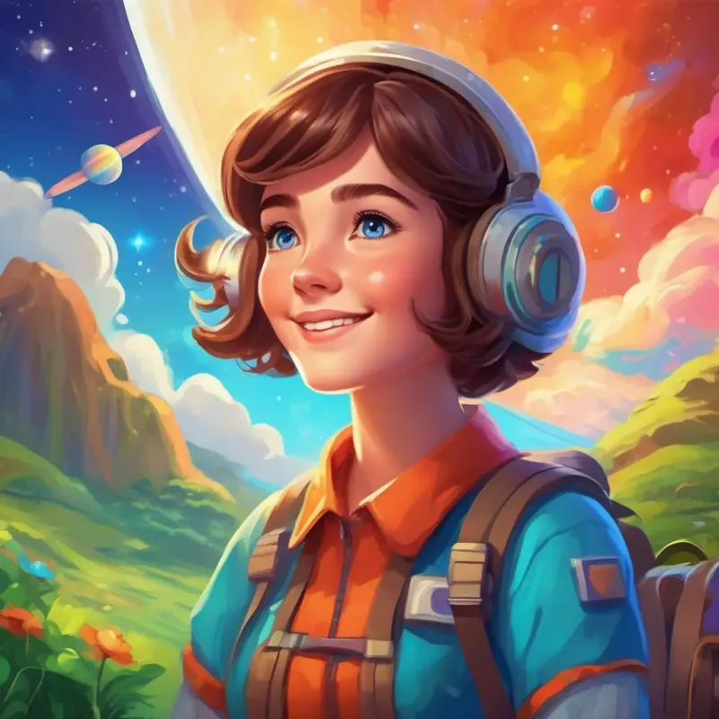 Introducing Cheerful girl with brown hair, bright blue eyes in the vibrant land of Rainbowville, dreaming of space travel.