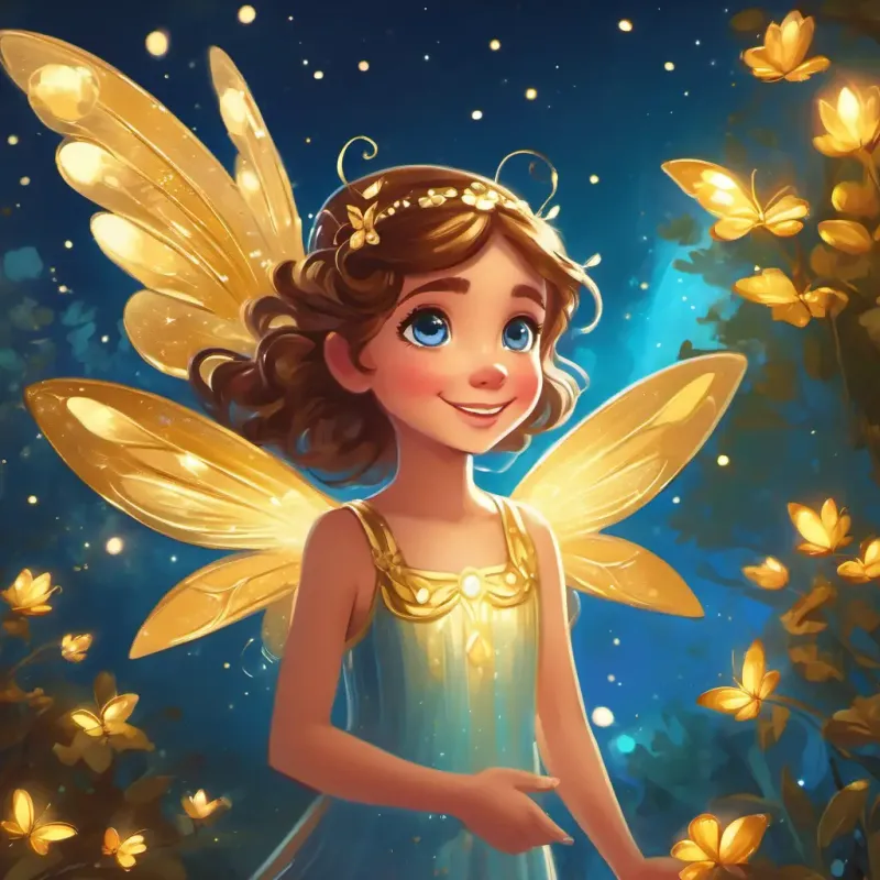 Tiny golden fairy with shimmering wings visiting Cheerful girl with brown hair, bright blue eyes and offering to make her dreams come true.