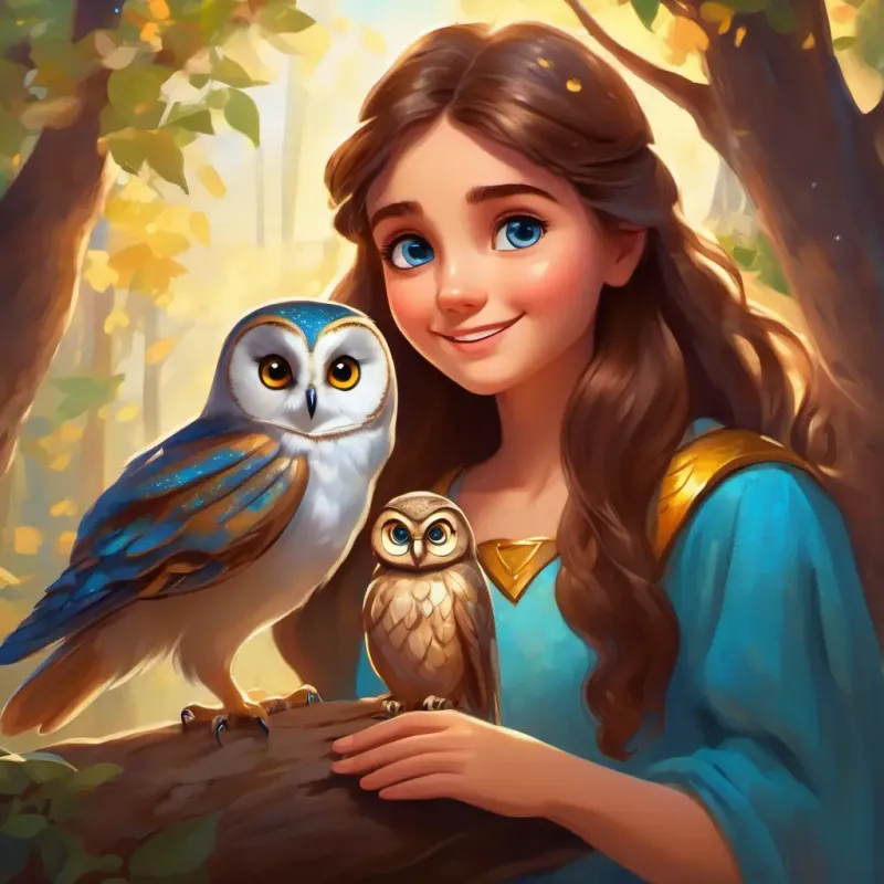 Cheerful girl with brown hair, bright blue eyes and Tiny golden fairy with shimmering wings meeting the wise old owl Wise old owl with big, round, brown eyes and learning about dedication.