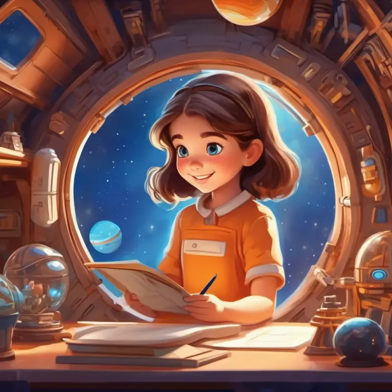 Cheerful girl with brown hair, bright blue eyes showing dedication by studying and building a spaceship model.