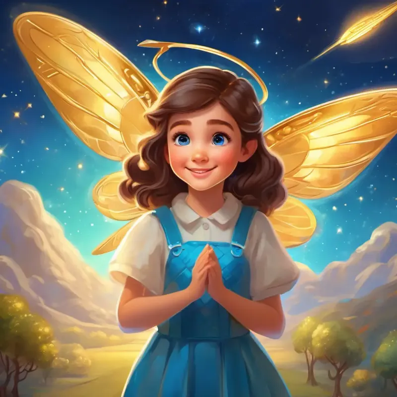 Cheerful girl with brown hair, bright blue eyes receives an invitation to visit a real spaceship and acknowledges Tiny golden fairy with shimmering wings's help.
