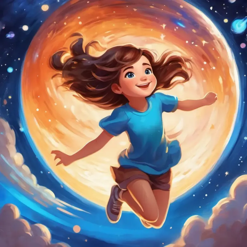 Cheerful girl with brown hair, bright blue eyes experiencing the joy of her dream coming true as she soars through the galaxy.